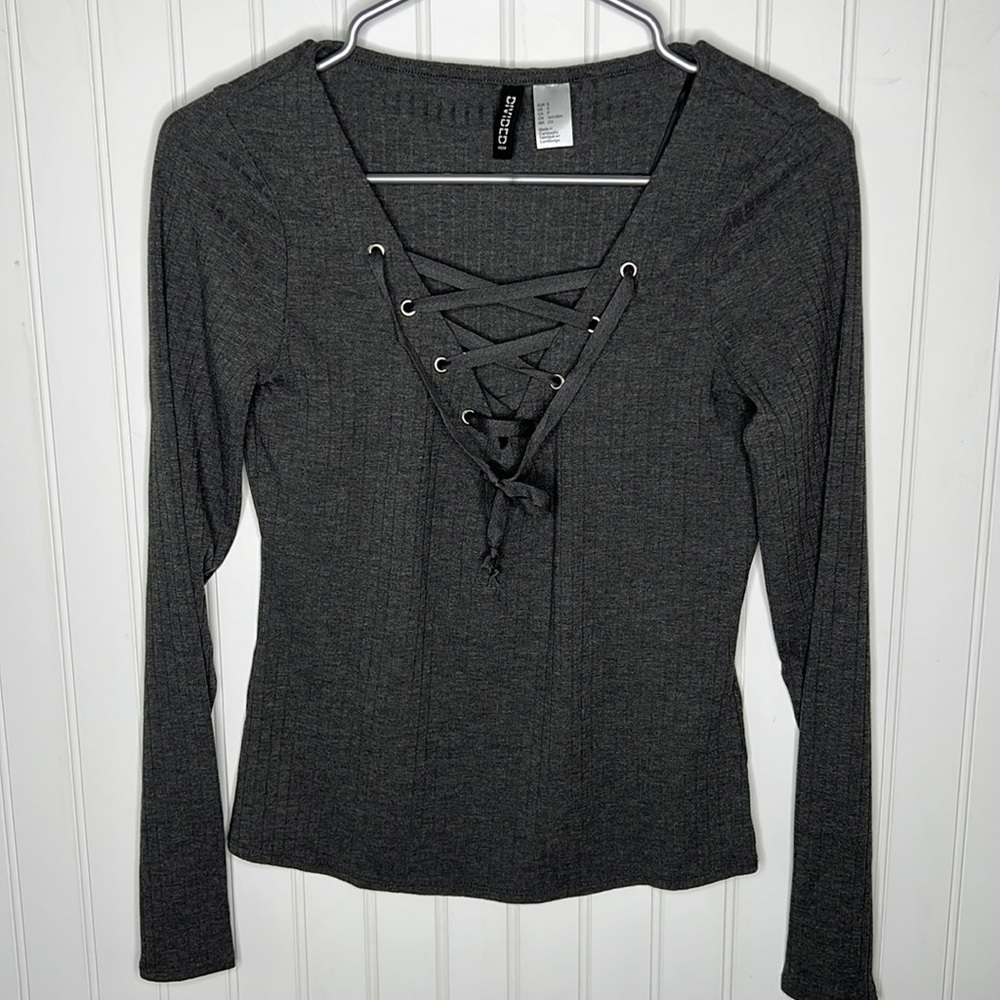 Ribbed Long Sleeve V Neck Top Size Small